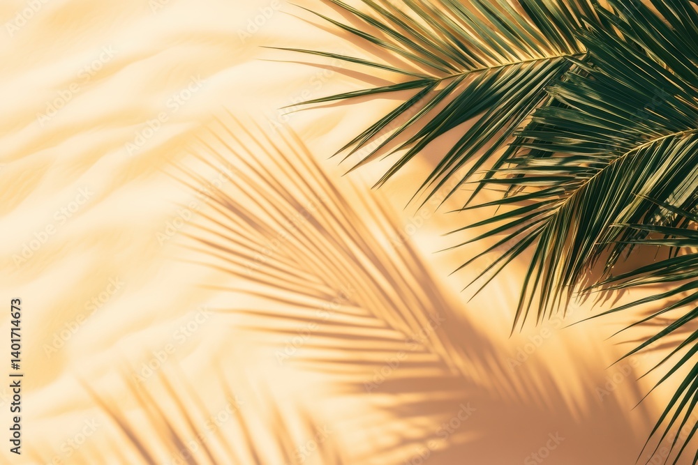 A palm tree shadow beautifully silhouettes against a textured wall.
