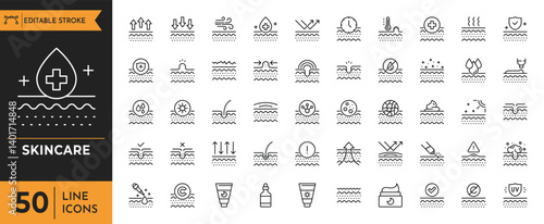 Skincare icon set. Containing skincare, uv block, collagen, beauty, skincare, moisturizing, natural and more. editable stroke. vector illustration