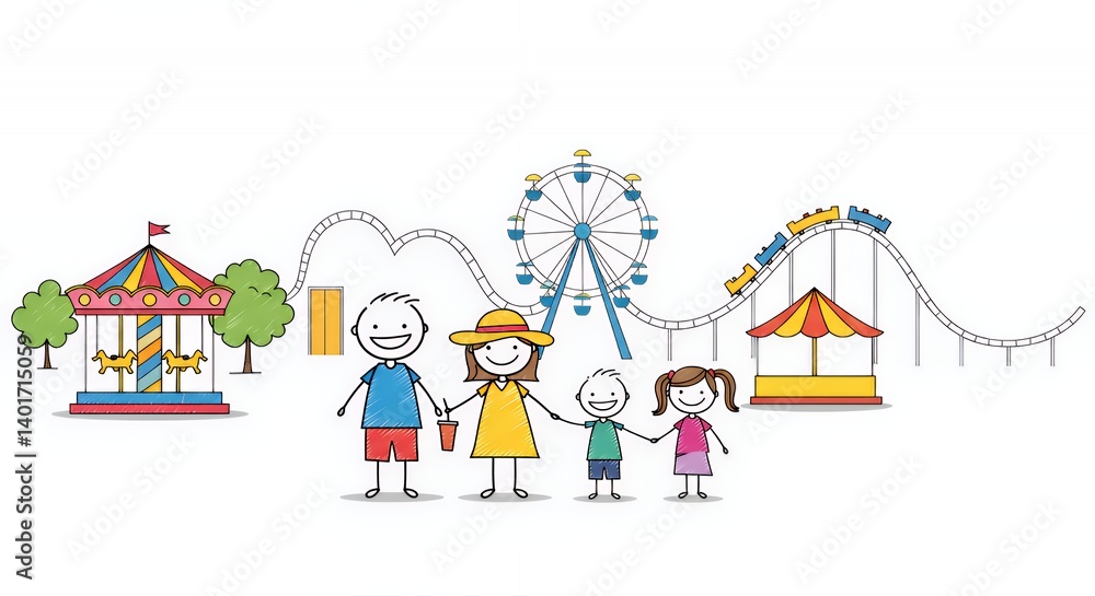 Colourful Stick Figure Family at Amusement Park Colourful Stick Figure Family at Amusement Park