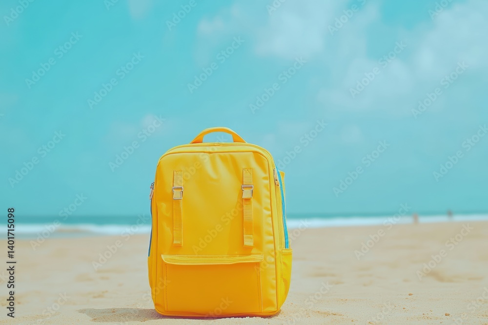 Yellow backpack on beach under blue sky, perfect for summer adventures and relaxation. Yellow backpack on beach under blue sky, perfect for summer adventures and relaxation.
