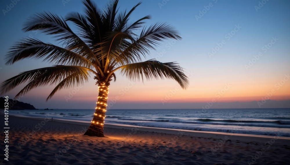 Obraz premium Relaxing sunset beach scene with palm tree coastal environment serene viewpoint nature beauty