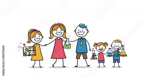 Colourful Stick Figure Family Going to a Science Fair