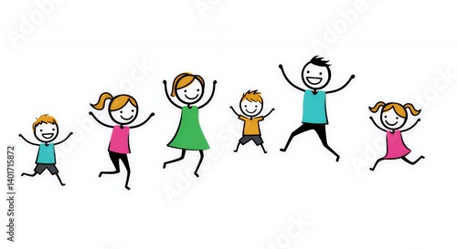 Colourful Stick Figure Family Jumping at Trampoline Park