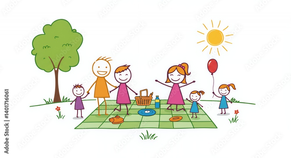Colourful Stick Figure Family Picnic in Backyard Colourful Stick Figure Family Picnic in Backyard