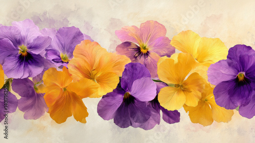A macro-style digital painting of spring field flowers, centered on purples, lavenders