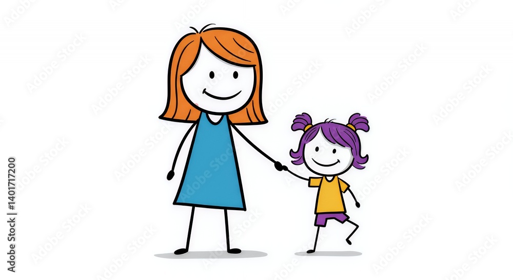 Colourful Stick Figure Mom and Child Walking to Yoga Class Colourful Stick Figure Mom and Child Walking to Yoga Class