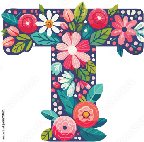 Doodle flower letter T. Floral element of colorful alphabet made from flowers	