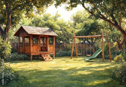 Children's Playhouse with Slide and Swing in a Serene Backyard Playground