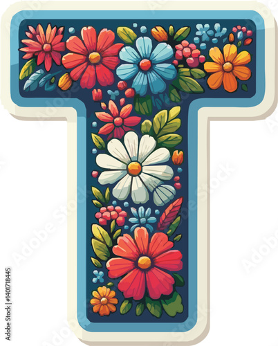 Doodle flower letter T. Floral element of colorful alphabet made from flowers	