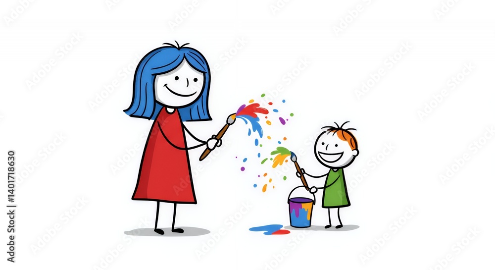 Colourful Stick Figures Mother and Child Painting on White Colourful Stick Figures Mother and Child Painting on White