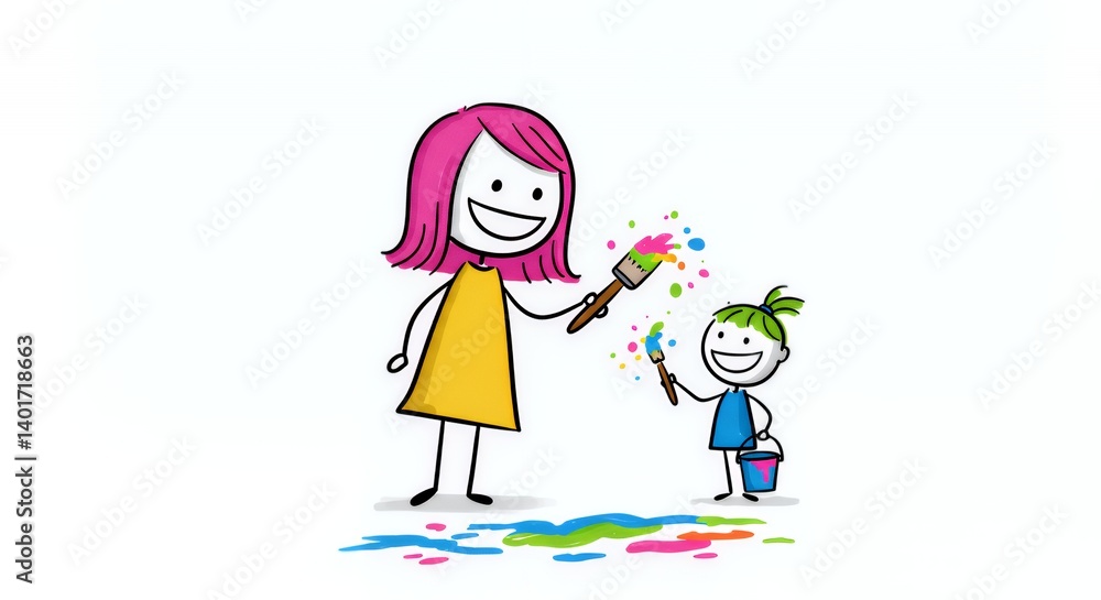 Colourful Stick Figures Mother and Child Painting on White Background Colourful Stick Figures Mother and Child Painting on White Background