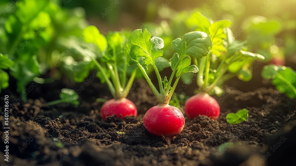 Close-up view of radish seedlings growing in rich soil. Close-up view of radish seedlings growing in rich soil.