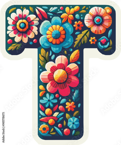 Doodle flower letter T. Floral element of colorful alphabet made from flowers	