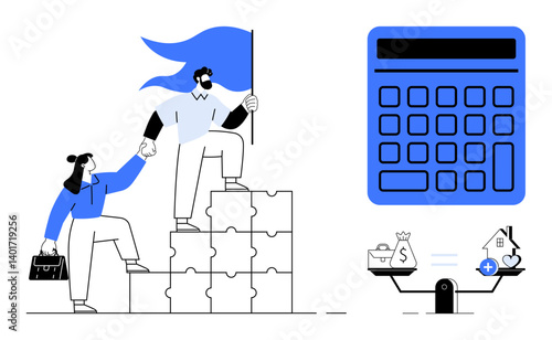 Professionals climbing puzzle steps toward financial goals, blue flag leading the way, large calculator symbolizing financial planning, scale balancing money and assets. Ideal for teamwork