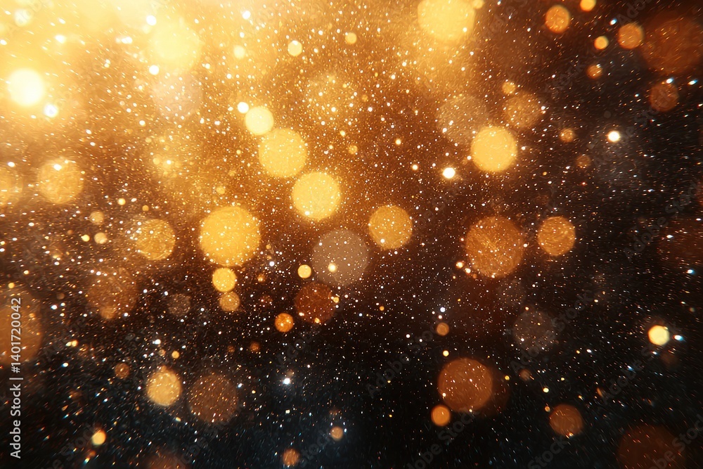 Abstract gold and black bokeh background with glittering lights and sparkles.