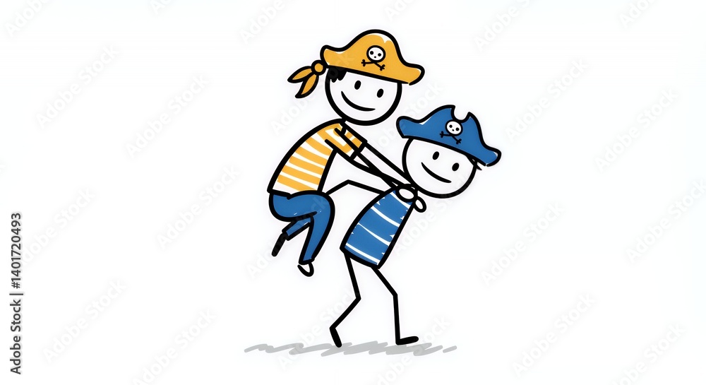 Playful Colourful Stick Figures Piggyback Ride Pirate Hats White Background Playful Colourful Stick Figures Piggyback Ride Pirate Hats White Background