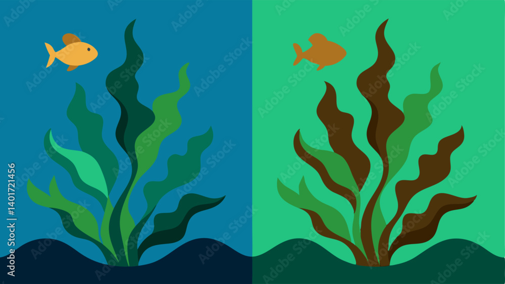 Kelp Forests Two sidebyside s with a lush green kelp forest teeming with marine life on one side and a brown withered kelp forest with fewer species on the other. Kelp Forests Two sidebyside s with a lush green kelp forest teeming with marine life on one side and a brown withered kelp forest with fewer species on the other.