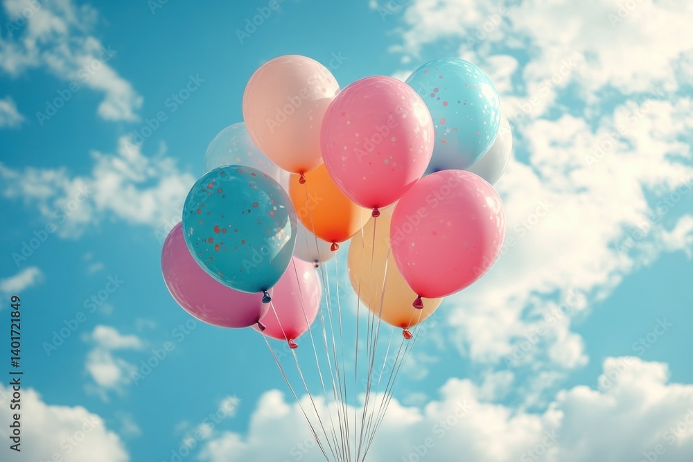 Pastel Balloons Floating in Sky Sunlit Celebration Pastel Balloons Floating in Sky Sunlit Celebration