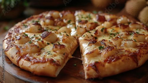 Wallpaper Mural Delicious scallop pizza on a wooden board, ready to be served. The pizza is cut into slices, showcasing melted cheese and succulent scallops Torontodigital.ca