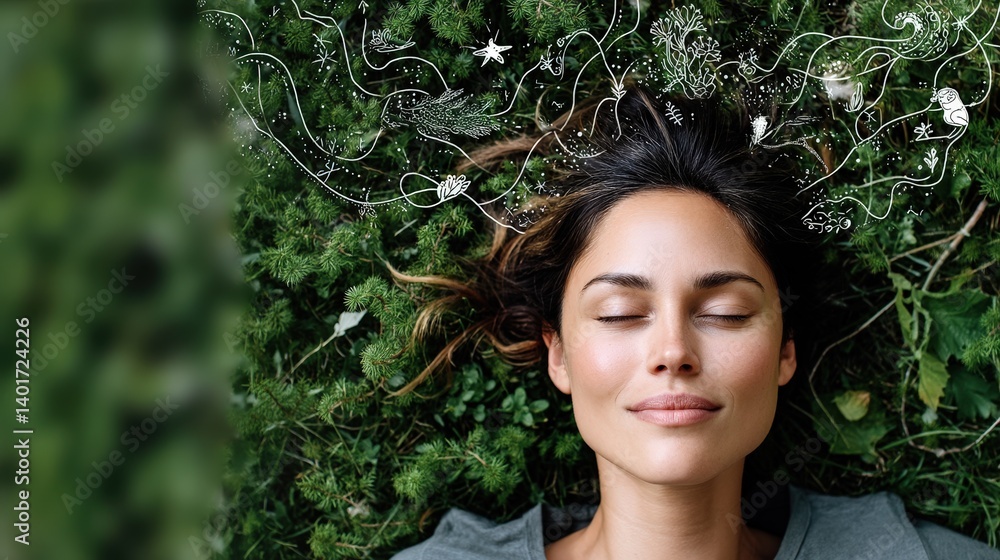 Serene Woman Enjoying Nature With Floral Elements Surrounding Her Serene Woman Enjoying Nature With Floral Elements Surrounding Her