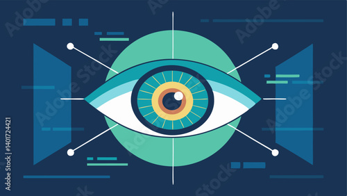 Iris Recognition System A stylized eye with intricate details facing a hightech scanner emitting rays of light. The background features abstract tech elements highlighting the