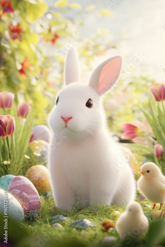 White Bunny with Chicks and Easter Eggs in Spring Meadow