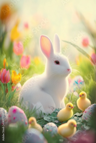 White Bunny with Chicks and Easter Eggs in Spring Meadow