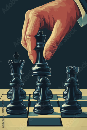 A hand is shown in a flat illustration style as it makes a chess move, with the vibrant color #DA4E35 taking center stage in a simple yet striking design