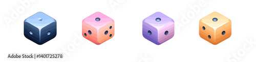 A modern icon set featuring dice and games, presented in a flat design style with 4 color options, suitable for web design and mobile applications
