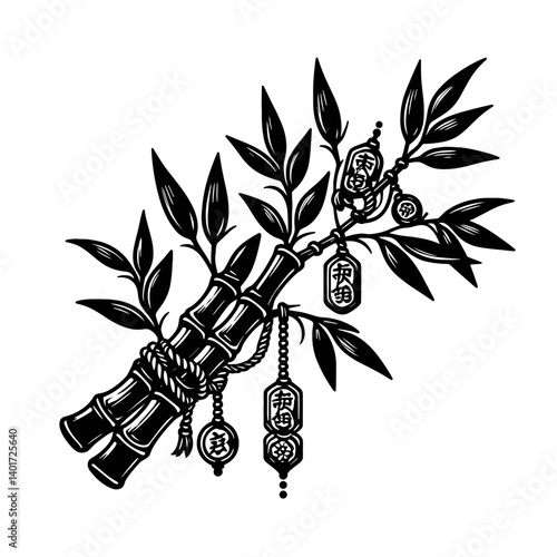 Fukusasa Lucky bamboo branch with charms in detailed black and white  