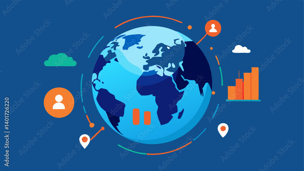 Fototapeta premium Global Market Data Visualization An illustration showing a globe surrounded by financial market trends and AI algorithms analyzing global investment opportunities.