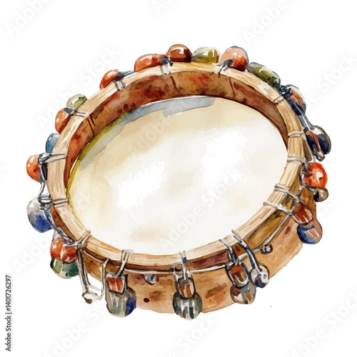 watercolor of Tambourine With Jingles, vector, isolated on a white background.