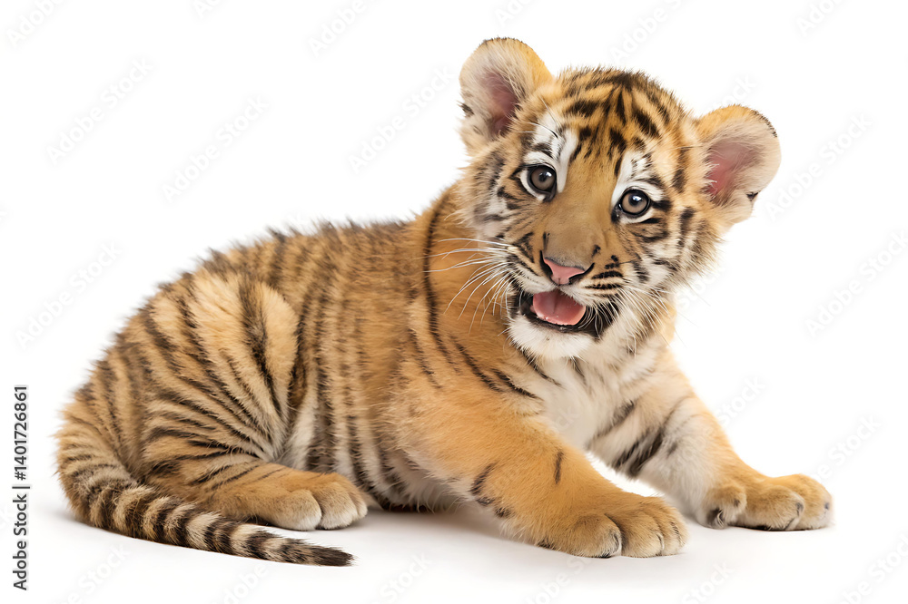 Obraz premium Playful Tiger Cub with Open Mouth on White Background