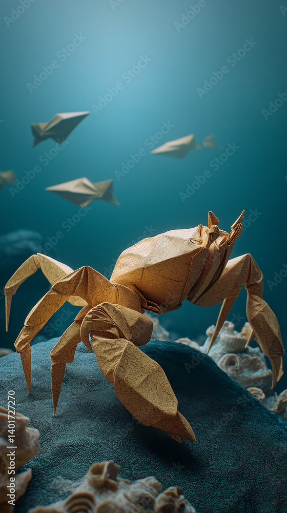 Fototapeta premium golden origami crab with sharp angular claws and articulated legs, perched atop a paper reef rock covered in folded barnacles and shells.