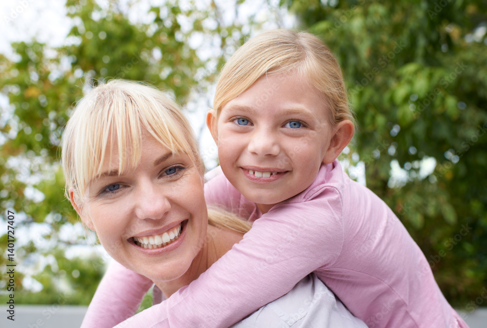 Nature, piggyback and portrait of mom with kid playing in an outdoor park, garden or field. Love, smile and happy young mother having fun, bonding and carrying cute girl child outside in summer. Nature, piggyback and portrait of mom with kid playing in an outdoor park, garden or field. Love, smile and happy young mother having fun, bonding and carrying cute girl child outside in summer.