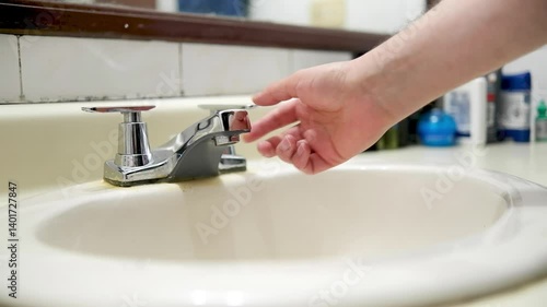 Water service of a bathroom sink is suspended, hands turning on the sink faucet, a topic of water savings and consumption