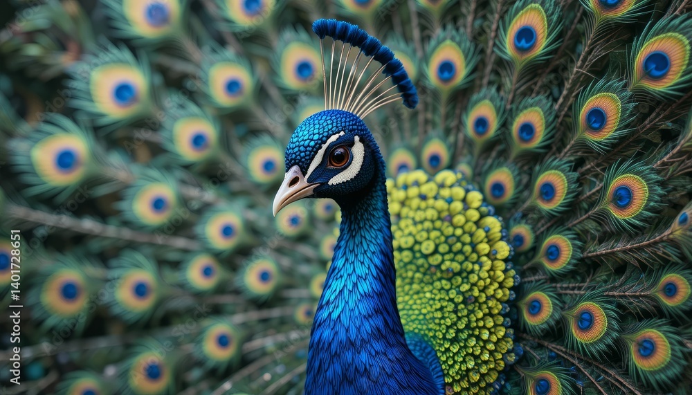Obraz premium Closeup of a Blue and Green Peacock with Detailed Feathers
