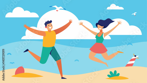 Joyful Jump The couple leaps into the air on the beach but their poses are exaggeratedly awkward. The man has one leg higher than the other while trying to catch a seagull and the