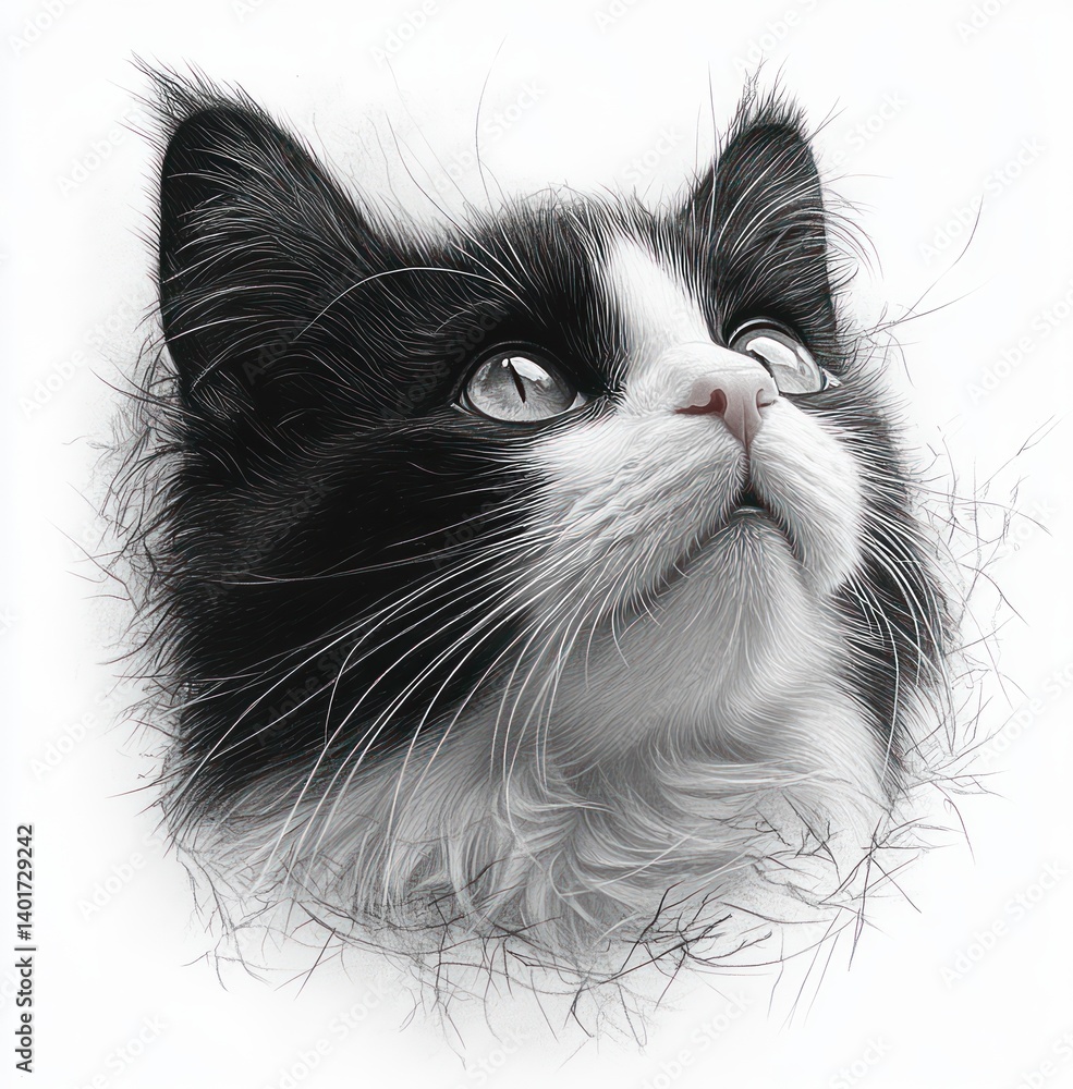 Realistic Drawing of Black and White Cat with Detailed Fur Texture in Soft Lighting Realistic Drawing of Black and White Cat with Detailed Fur Texture in Soft Lighting