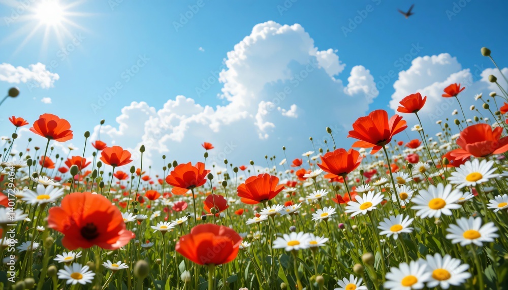 Fototapeta premium Beautiful Field of Red Poppies and Daisies Under a Bright Blue Sky