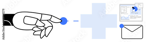 Robotic hand touching a digital point, linking a blue plus sign, data graphs, and an envelope. Ideal for innovation, AI, automation, connectivity, data sharing digital communication simple landing