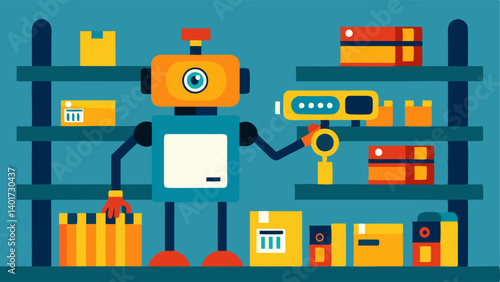 Inventory Scanning Robot A robot with a camera and sensors scanning barcodes on shelves filled with products helping to maintain inventory accuracy.