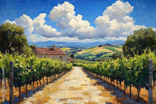 Vibrant Vineyard Landscape with Grape Vines in Sunny Tuscany Italy along Chianti Wine Road