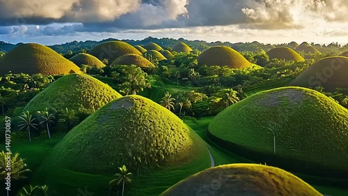 Bohol Chocolate Hills Landscape with Lush Greenery and Rolling Mounds Under Dramatic Sky

