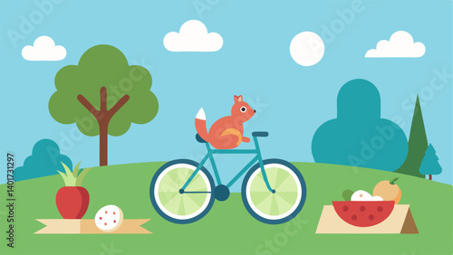 Sunny Picnic Break After a fun bike ride the s and rabbit have stopped for a picnic near the bike. The tandem bike stands beside a picnic blanket spread with fruits and snacks. The