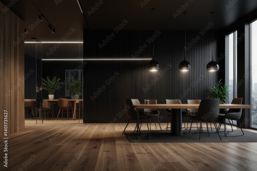 Fototapeta premium Modern minimalist office with black wall setup for branding and visual mockup