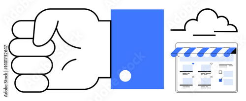 Hand with clenched fist positioned next to a cloud icon and online shopping storefront within a browser window. Ideal for e-commerce, online business, digital marketing, cloud services, virtual