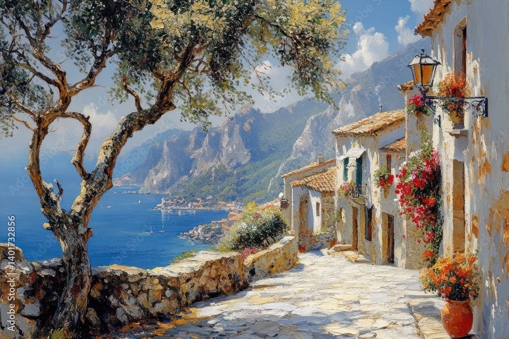 Obraz premium Quaint Mediterranean Alleyway Rustic Buildings Lone Tree Isola del Giglio Giglio Castello Tuscany Travel