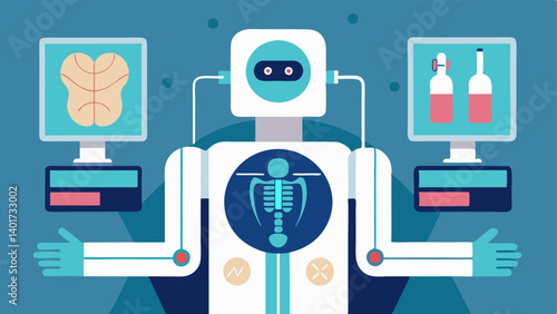 Integrated Imaging The illustration shows a robotic surgical system being guided by advanced imaging technology with panels displaying realtime scans of the patients anatomy.
