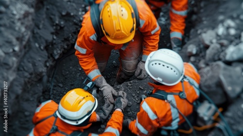 A rescue team uses specialized equipment to extract a trapped worker from a collapsed trench.